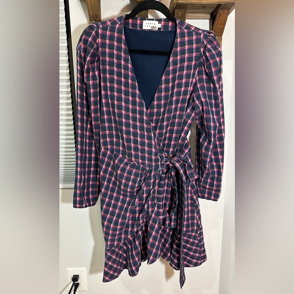 Tanya Taylor Lexi Wrap Dress in Pink Navy Plaid Long Sleeve 8 - Picture 8 of 16